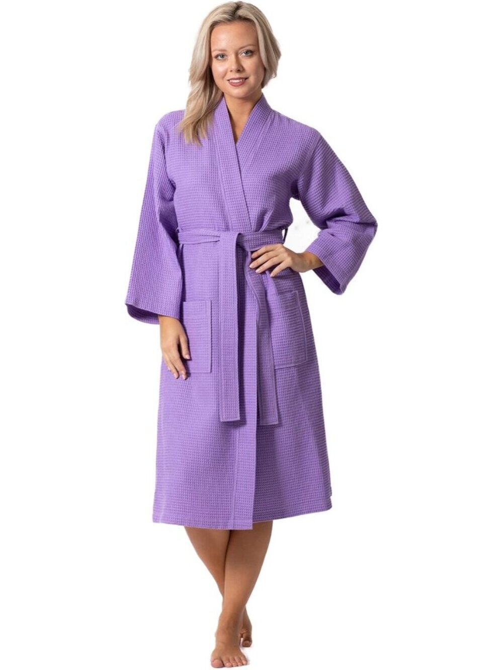 〽️Women's Bathrobe Lavender Waffle Knit Long Sleeves Kimono Quick Dry Soft Robe